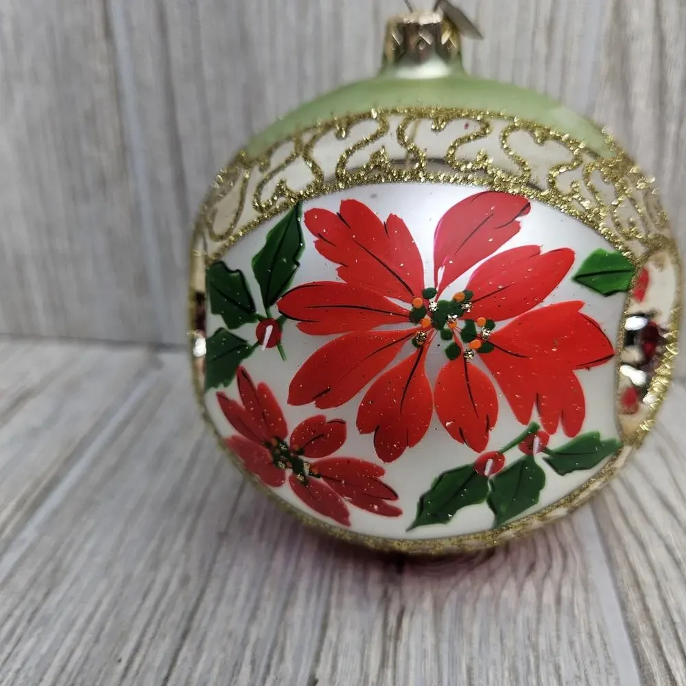 Vintage Hallmark Christmas Ornament Poinsettia Indent Ball Glass Red Gold 4 Inch